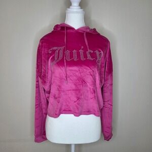 Juicy Couture Velour Cropped Hoodie Pink Rhinestone‎ Logo Sleepwear Y2K Size S
